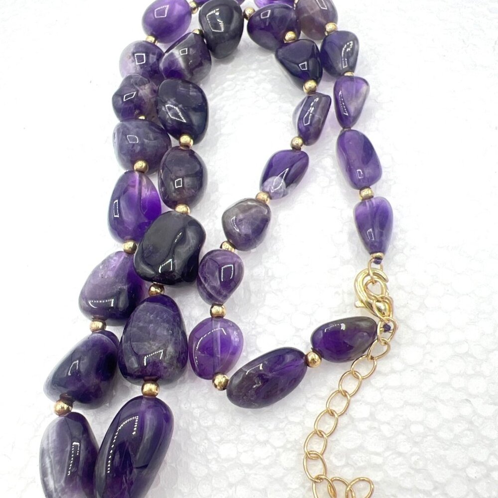 Purple Amethyst Chunky Necklace Marbled Graduated Beads Gold Tone Accents18-20"